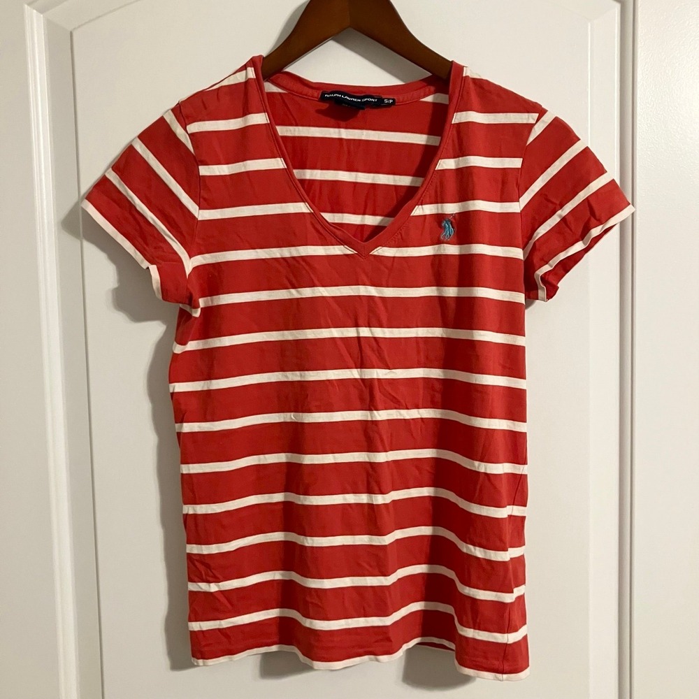 Ralph Lauren Sport Y2K V-neck tee red white stripe 100% Cotton shirt Women Sz S